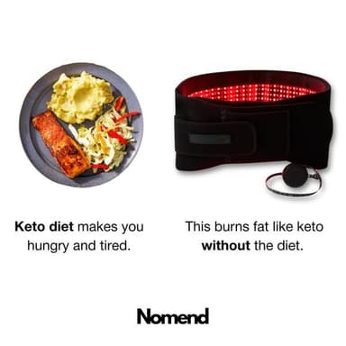 Reference ad: Nomend's them versus us layout, a keto plate beside a red light belt, with the logo at the bottom